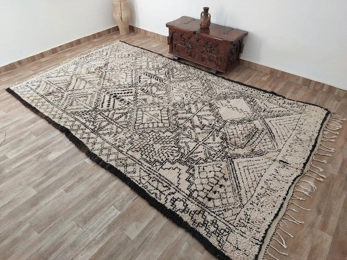 Beni Ourain Moroccan Wool Rug: Large Handwoven Geometric Ivory Brown Area Decor MoroccanBazzArts