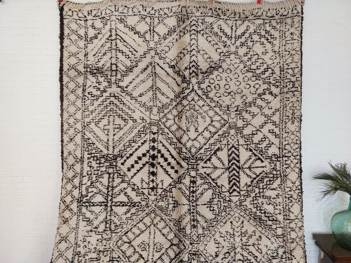Beni Ourain Moroccan Wool Rug: Large Handwoven Geometric Ivory Brown Area Decor MoroccanBazzArts