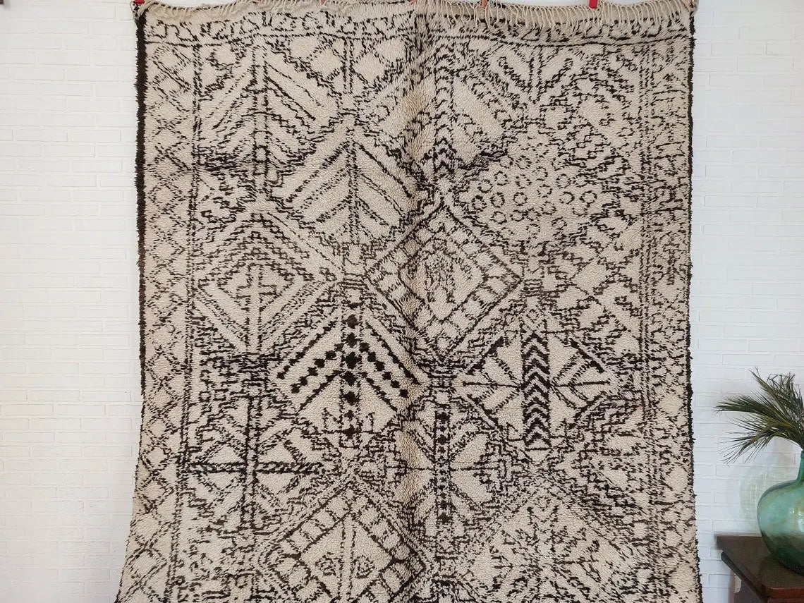 Beni Ourain Moroccan Wool Rug: Large Handwoven Geometric Ivory Brown Area Decor MoroccanBazzArts