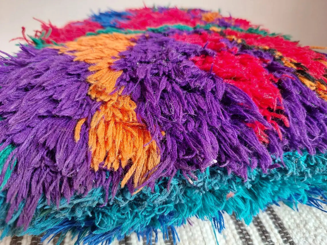 Vintage Ait Bou Ichaouen Cushion - Double Sided Cotton Boho Pillow - Tribal Cushion - Pillow Case - Handmade Boucherouite Pillow MoroccanBazzArts