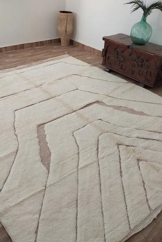 Moroccan Wool Rug Beni Mrirt: Handmade Luxury Neutral Geometric Berber Area Carpet For Living Room MoroccanBazzArts