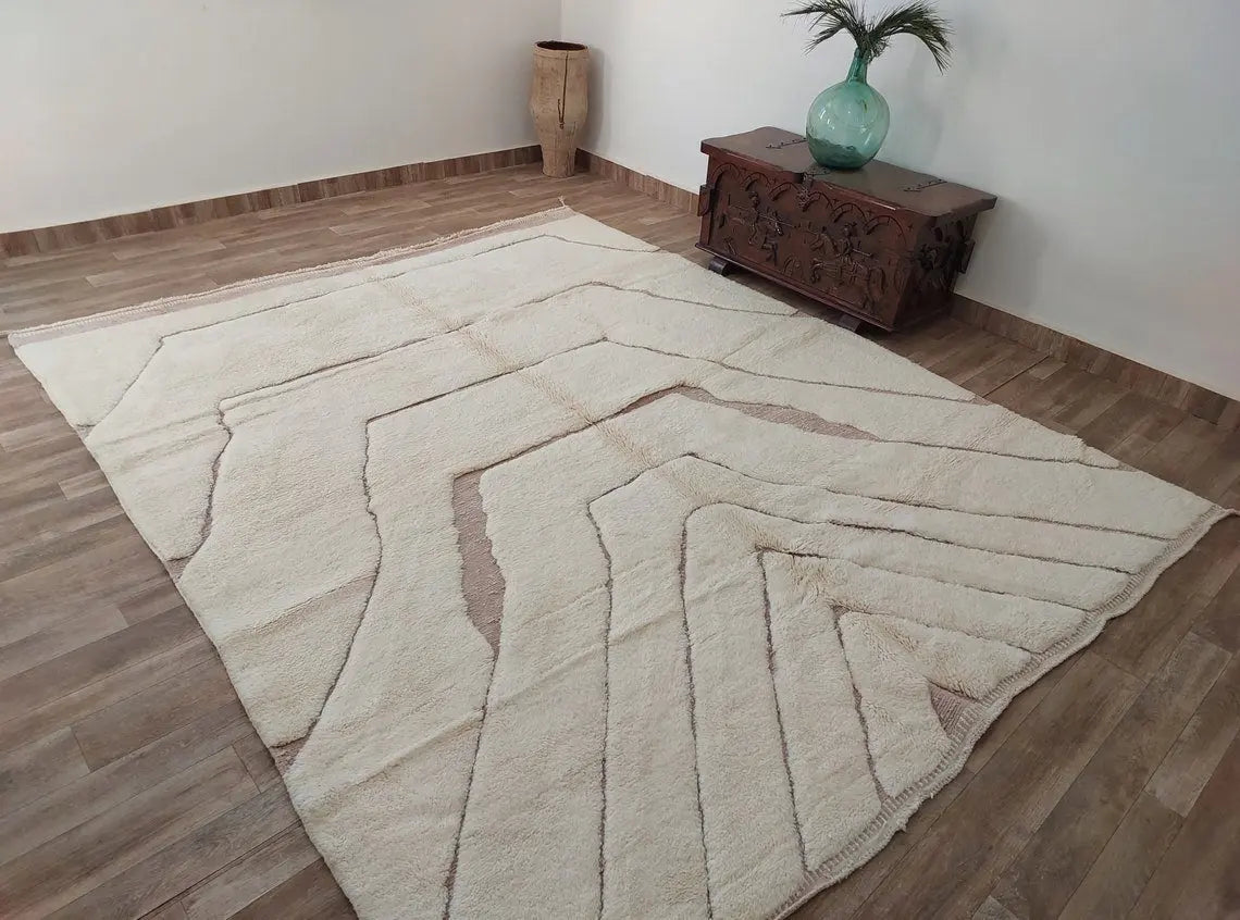 Moroccan Wool Rug Beni Mrirt: Handmade Luxury Neutral Geometric Berber Area Carpet For Living Room MoroccanBazzArts