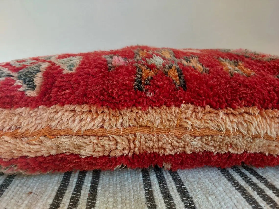 Vintage Ait Bou Ichaouen Cushion: Double-sided Handmade Moroccan Berber Wool Pillow Case In Red And Pink MoroccanBazzArts