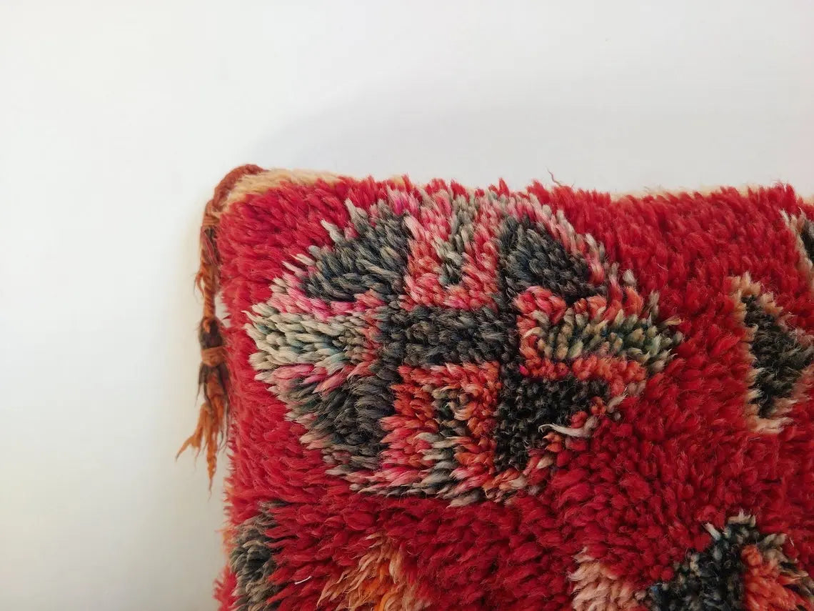 Vintage Ait Bou Ichaouen Cushion: Double-sided Handmade Moroccan Berber Wool Pillow Case In Red And Pink MoroccanBazzArts