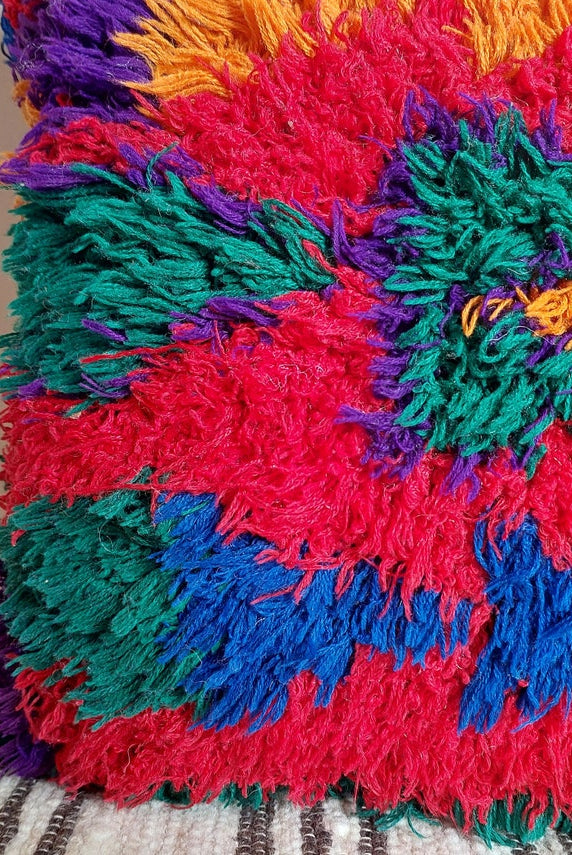 Vintage Ait Bou Ichaouen Cushion - Double Sided Cotton Boho Pillow - Tribal Cushion - Pillow Case - Handmade Boucherouite Pillow MoroccanBazzArts