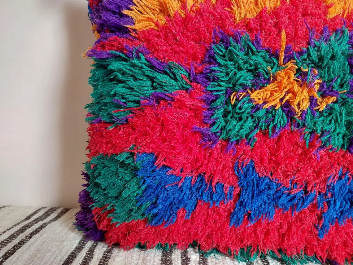 Vintage Ait Bou Ichaouen Cushion - Double Sided Cotton Boho Pillow - Tribal Cushion - Pillow Case - Handmade Boucherouite Pillow MoroccanBazzArts