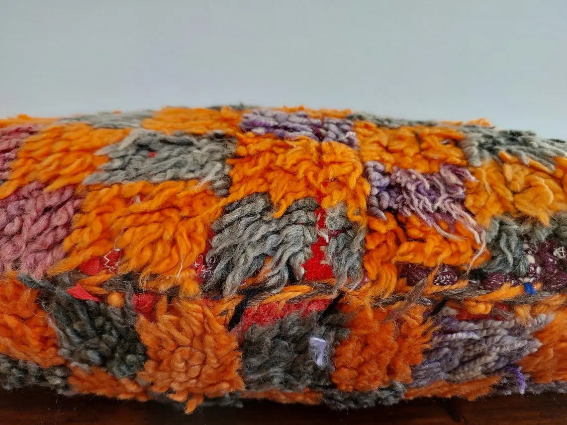 Vintage Checkered Talsint Pillow - Berber Cushion Double Sided - Handmade Wool Pillow 13"X23" MoroccanBazzArts