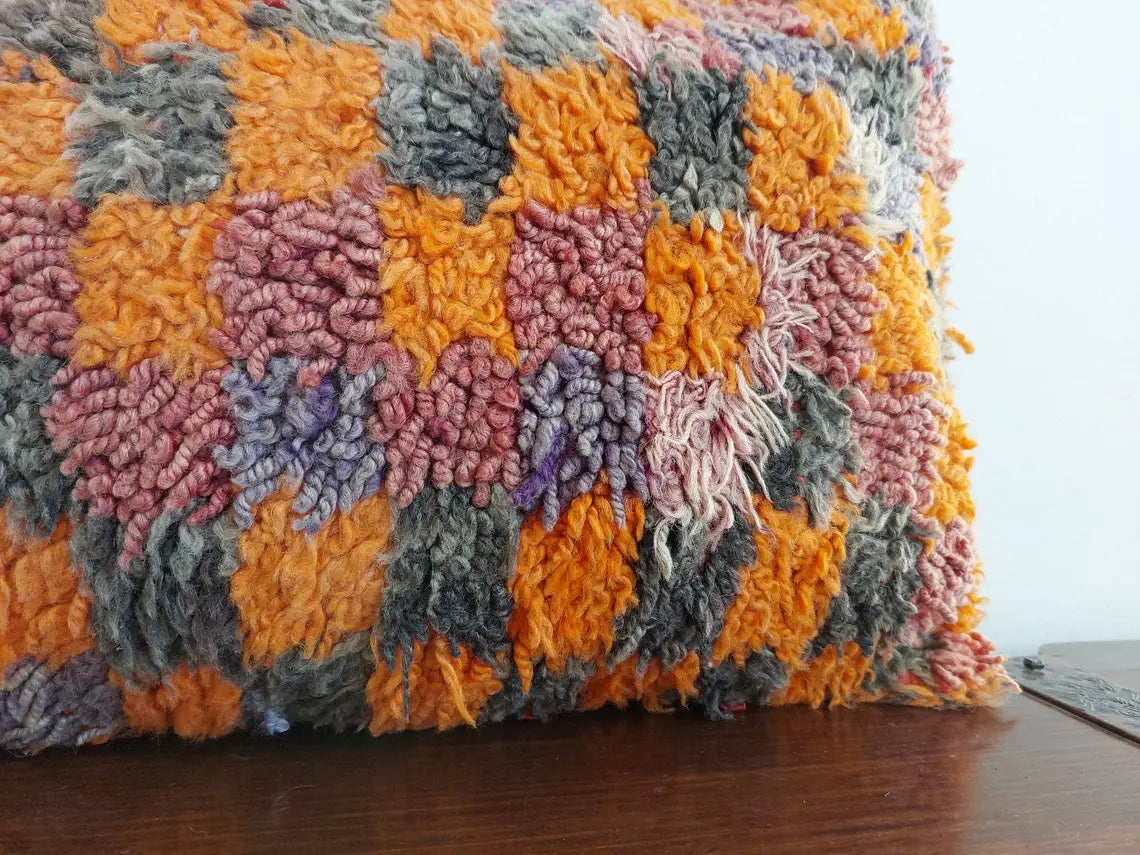 Vintage Checkered Talsint Pillow - Berber Cushion Double Sided - Handmade Wool Pillow 13"X23" MoroccanBazzArts