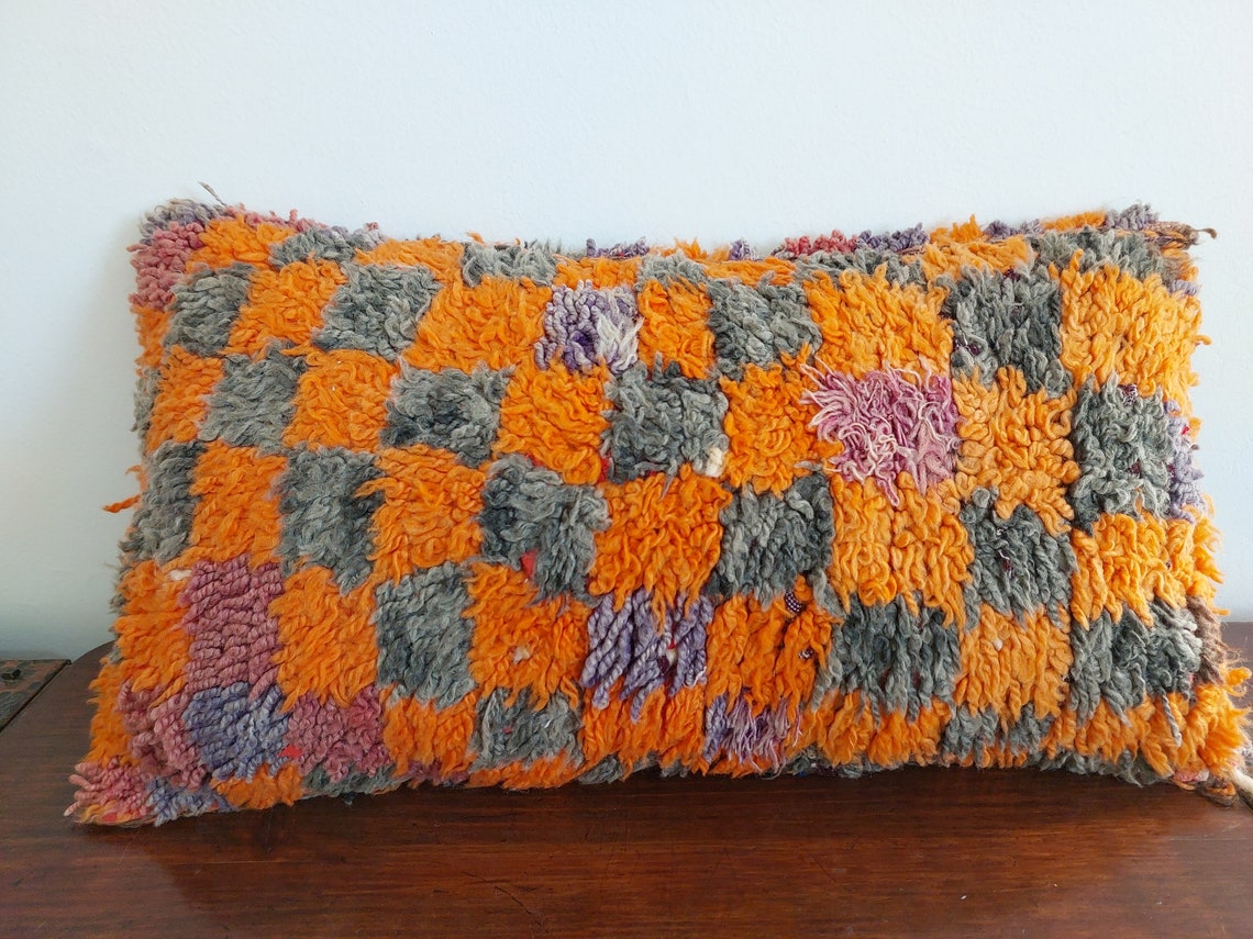 Vintage Checkered Talsint Pillow - Berber Cushion Double Sided - Handmade Wool Pillow 13"X23" MoroccanBazzArts