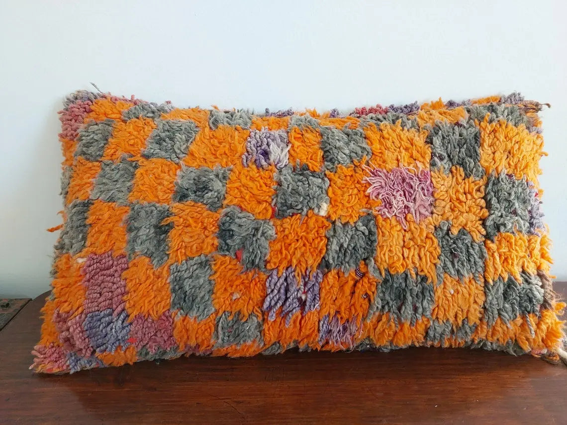 Vintage Checkered Talsint Pillow - Berber Cushion Double Sided - Handmade Wool Pillow 13"X23" MoroccanBazzArts