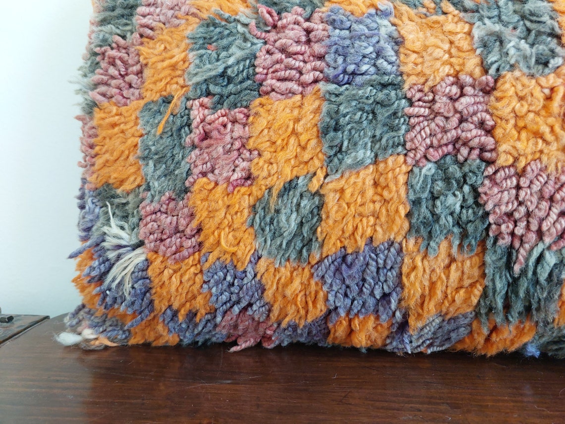 Vintage Checkered Talsint Pillow - Berber Cushion Double Sided - Handmade Wool Pillow 13"X23" MoroccanBazzArts
