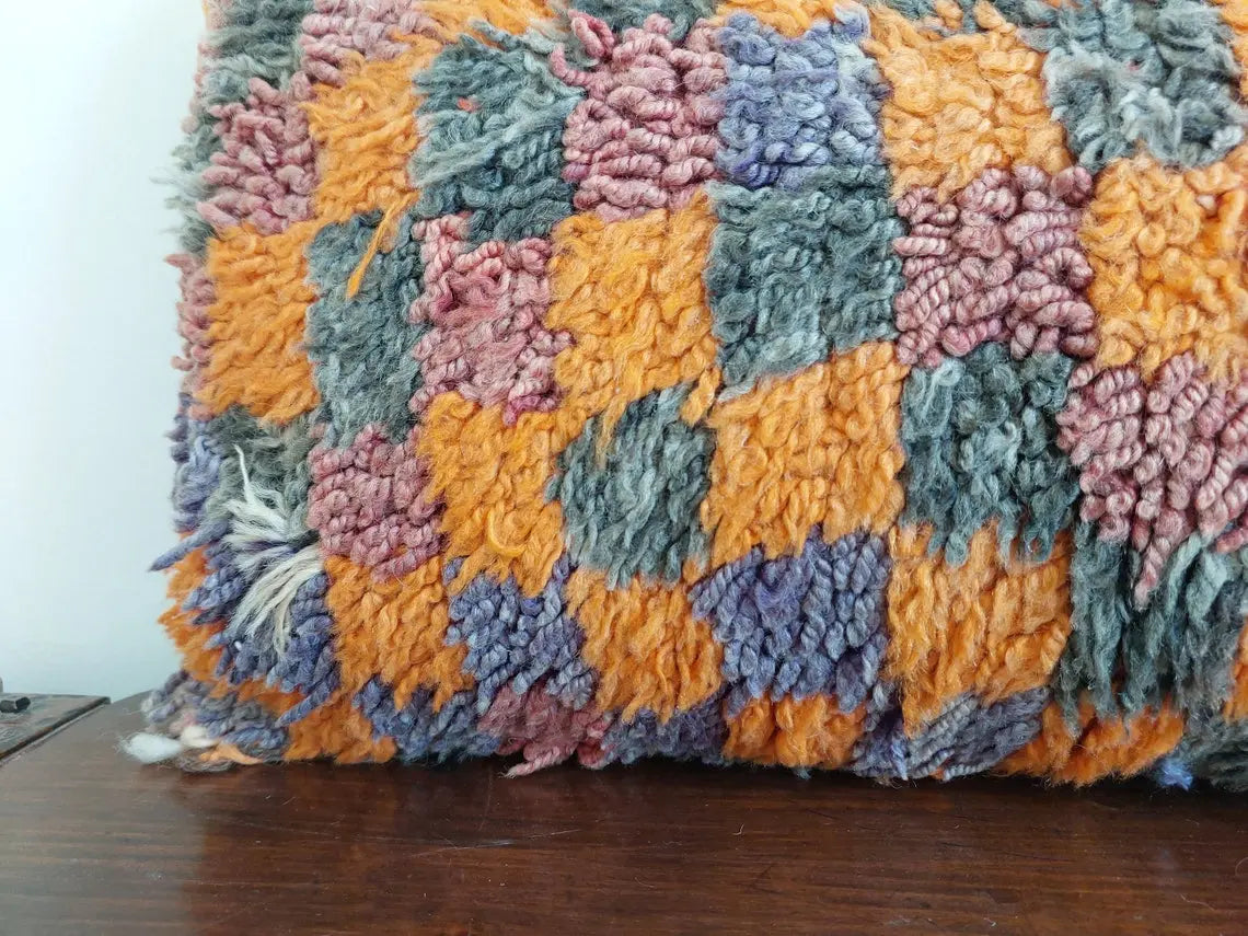 Vintage Checkered Talsint Pillow - Berber Cushion Double Sided - Handmade Wool Pillow 13"X23" MoroccanBazzArts