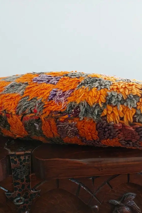 Vintage Checkered Talsint Pillow - Berber Cushion Double Sided - Handmade Wool Pillow 13"X23" MoroccanBazzArts