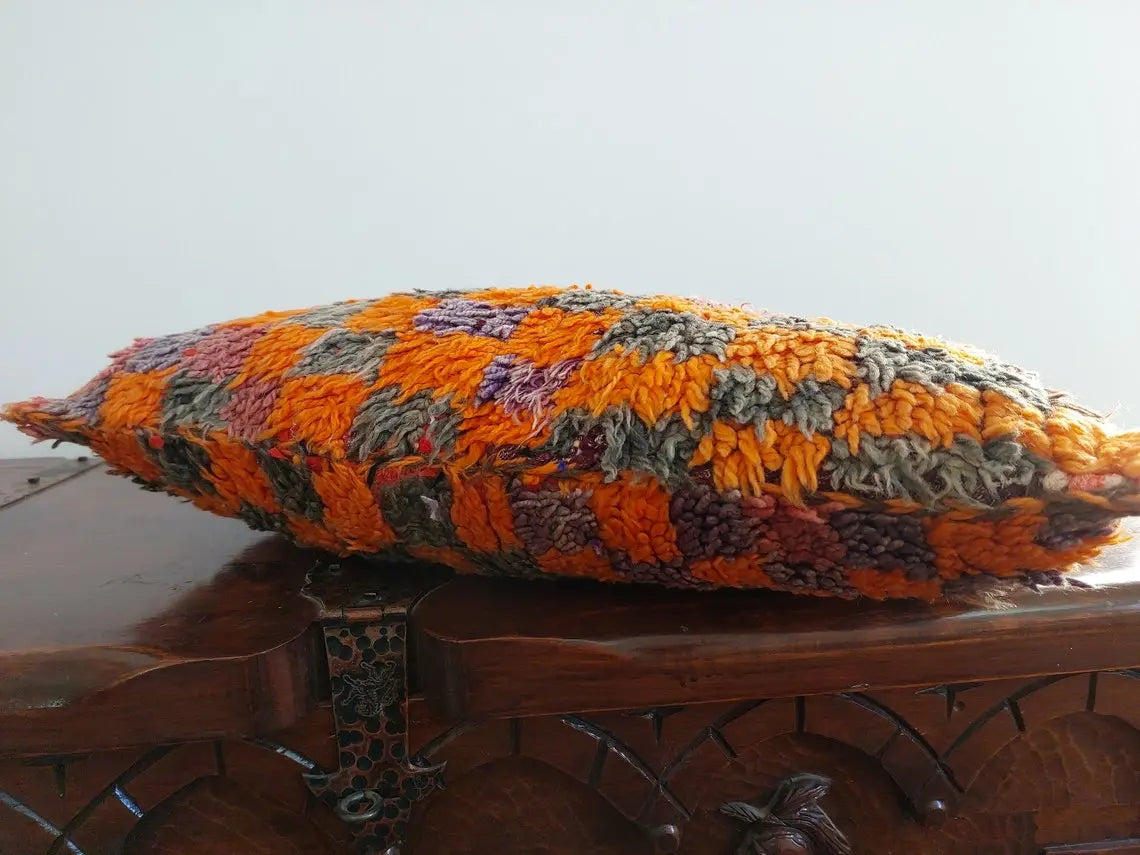 Vintage Checkered Talsint Pillow - Berber Cushion Double Sided - Handmade Wool Pillow 13"X23" MoroccanBazzArts