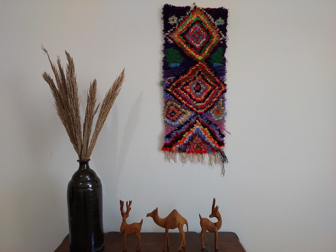 Handmade Boucherouite Art Rug - Stunning Handwoven Vintage Talsint Abstract Rug - Hanging Wall Art Rug. MoroccanBazzArts