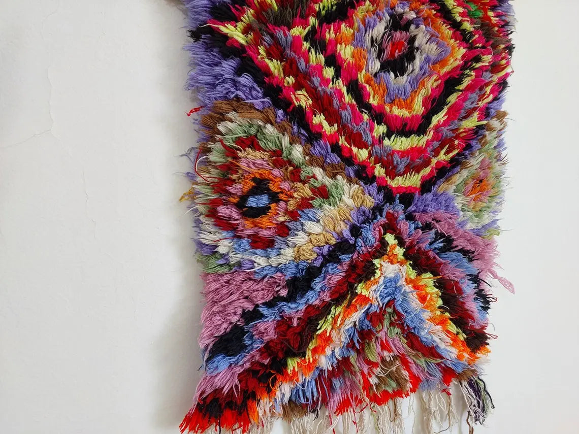 Handmade Boucherouite Art Rug - Stunning Handwoven Vintage Talsint Abstract Rug - Hanging Wall Art Rug. MoroccanBazzArts