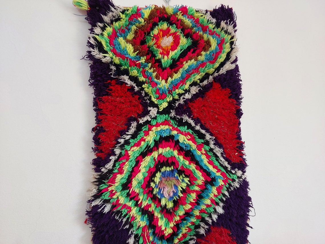 Handmade Boucherouite Art Rug - Stunning Handwoven Vintage Talsint Abstract Rug - Hanging Wall Art Rug. MoroccanBazzArts