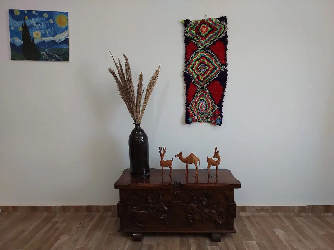 Handmade Boucherouite Art Rug - Stunning Handwoven Vintage Talsint Abstract Rug - Hanging Wall Art Rug. MoroccanBazzArts