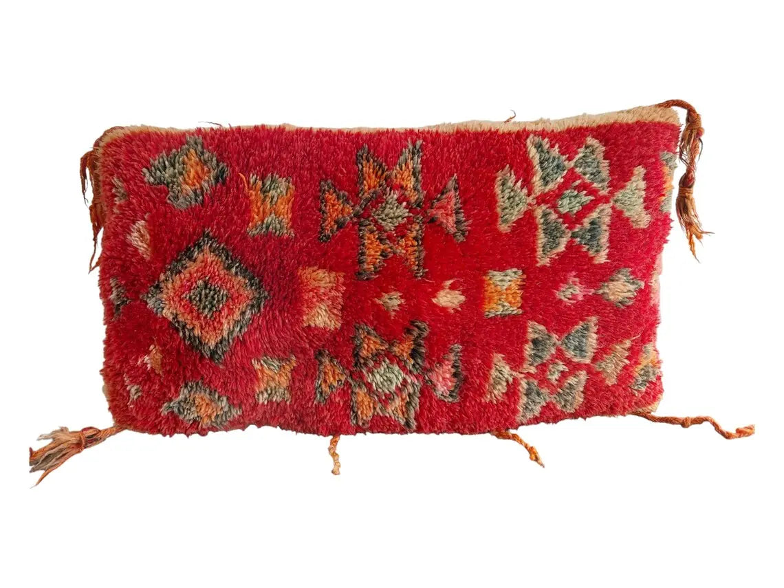 Vintage Ait Bou Ichaouen Cushion: Double-sided Handmade Moroccan Berber Wool Pillow Case In Red And Pink MoroccanBazzArts