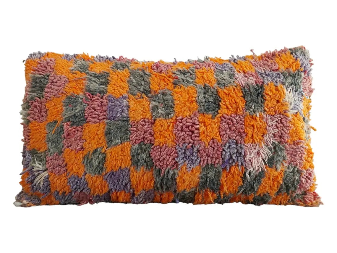 Vintage Checkered Talsint Pillow - Berber Cushion Double Sided - Handmade Wool Pillow 13"X23" MoroccanBazzArts