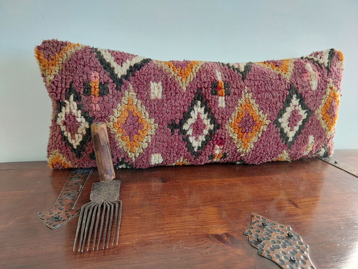 Vintage Berber Lumbar Cushion - Handmade From Ait Bouichaouen Tribe - Morocco 12"X31" MoroccanBazzArts
