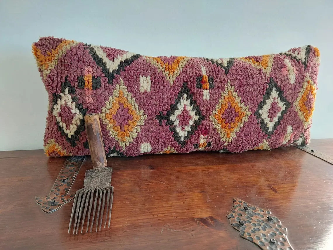 Vintage Berber Lumbar Cushion - Handmade From Ait Bouichaouen Tribe - Morocco 12"X31" MoroccanBazzArts