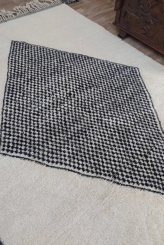 Luxury Moroccan Carpet; Beni Mrirt Rug With Plush Pile , Neutral Berber Rug , Checkered Design For Stylish Living Spaces MoroccanBazzArts