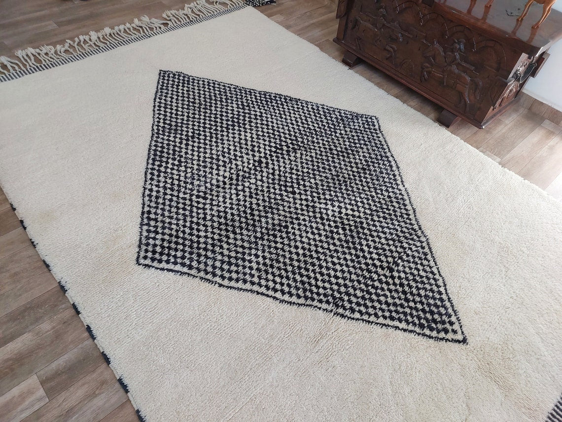 Luxury Moroccan Carpet; Beni Mrirt Rug With Plush Pile , Neutral Berber Rug , Checkered Design For Stylish Living Spaces MoroccanBazzArts