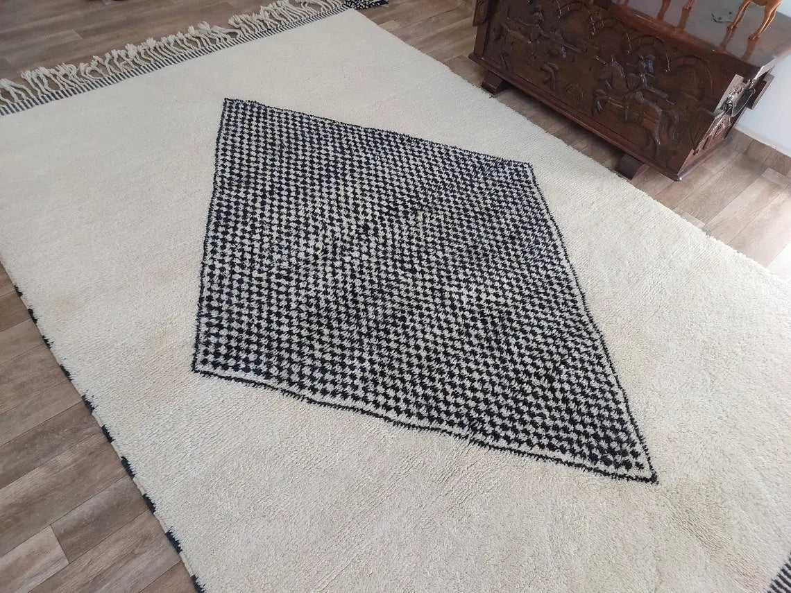 Luxury Moroccan Carpet; Beni Mrirt Rug With Plush Pile , Neutral Berber Rug , Checkered Design For Stylish Living Spaces MoroccanBazzArts
