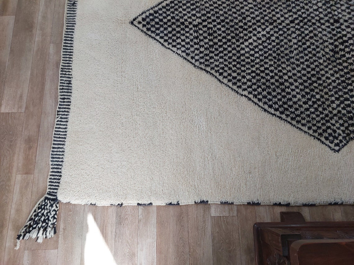 Luxury Moroccan Carpet; Beni Mrirt Rug With Plush Pile , Neutral Berber Rug , Checkered Design For Stylish Living Spaces MoroccanBazzArts