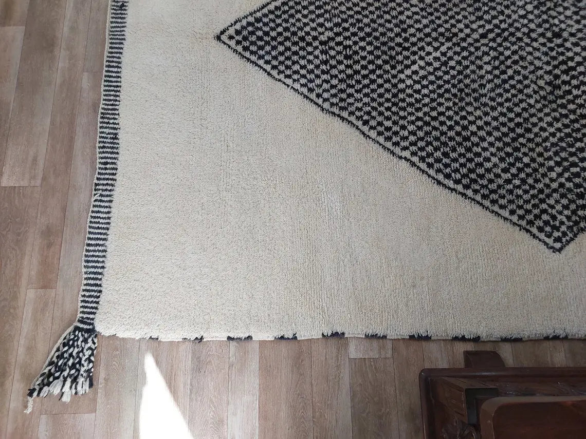 Luxury Moroccan Carpet; Beni Mrirt Rug With Plush Pile , Neutral Berber Rug , Checkered Design For Stylish Living Spaces MoroccanBazzArts