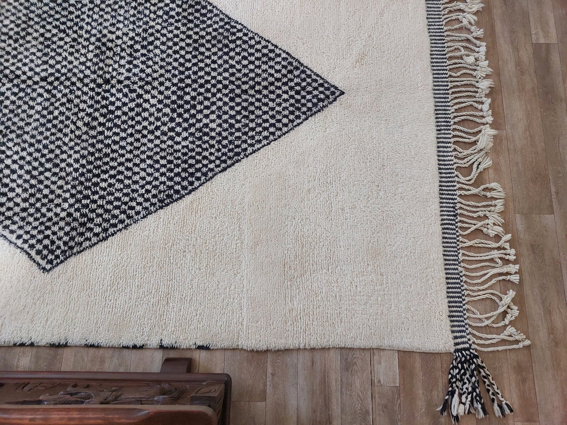 Luxury Moroccan Carpet; Beni Mrirt Rug With Plush Pile , Neutral Berber Rug , Checkered Design For Stylish Living Spaces MoroccanBazzArts