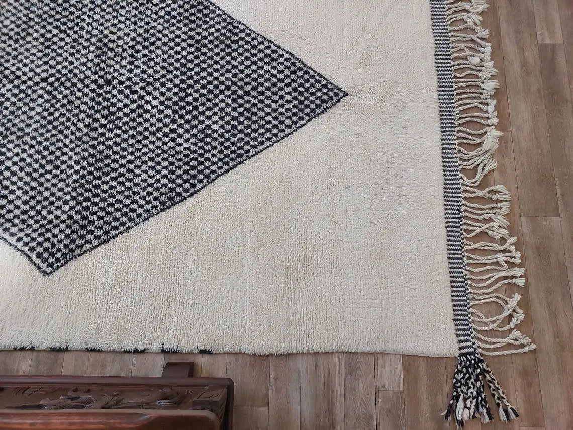 Luxury Moroccan Carpet; Beni Mrirt Rug With Plush Pile , Neutral Berber Rug , Checkered Design For Stylish Living Spaces MoroccanBazzArts