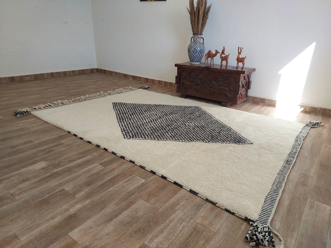 Luxury Moroccan Carpet; Beni Mrirt Rug With Plush Pile , Neutral Berber Rug , Checkered Design For Stylish Living Spaces MoroccanBazzArts