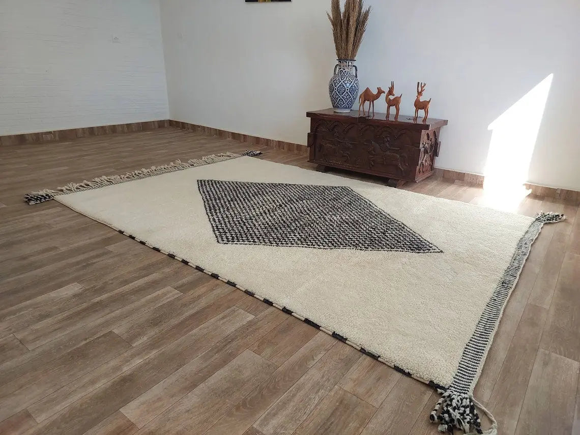 Luxury Moroccan Carpet; Beni Mrirt Rug With Plush Pile , Neutral Berber Rug , Checkered Design For Stylish Living Spaces MoroccanBazzArts