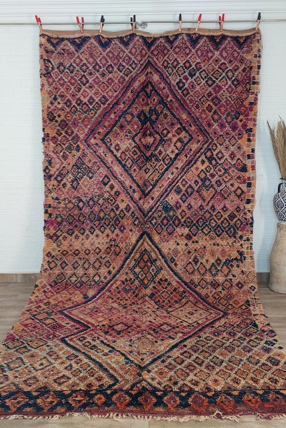 Moroccan Wool Rug Oversized 6.6x13.1 Ft: Handwoven Geometric Pattern, Magenta Accent Carpet MoroccanBazzArts