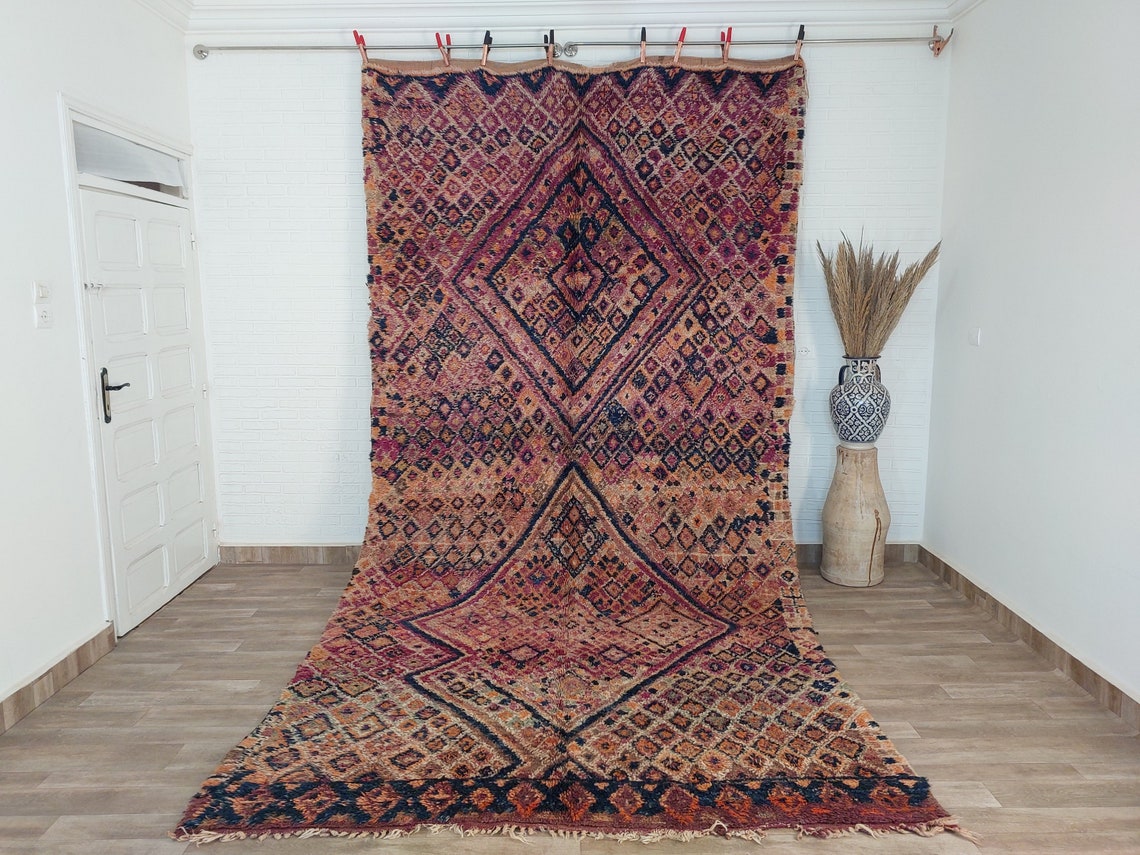 Moroccan Wool Rug Oversized 6.6x13.1 Ft: Handwoven Geometric Pattern, Magenta Accent Carpet MoroccanBazzArts
