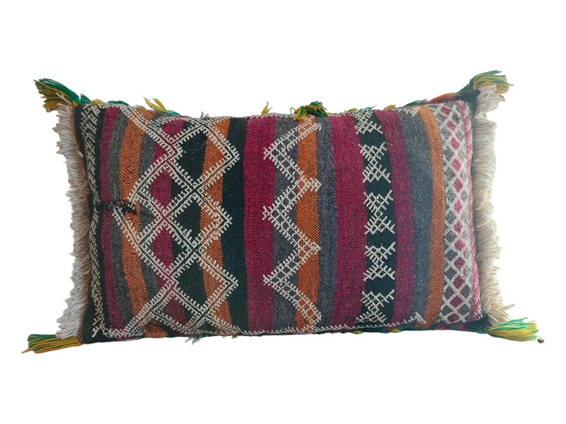 Vintage Moroccan Pillow - Handmade Cushion - Handwoven Berber Pillow Case - Kilim Pillow - Bohemian Style 35x62 Cm MoroccanBazzArts