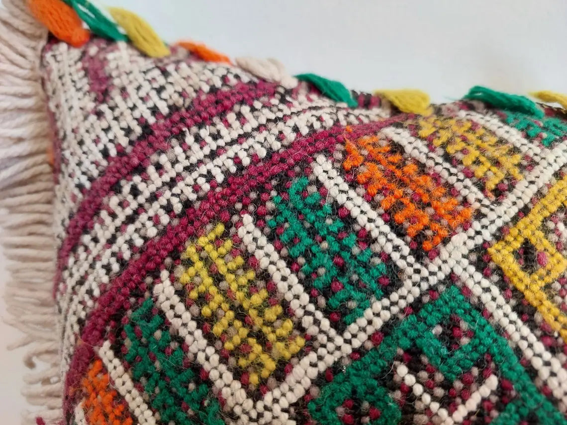 Vintage Moroccan Pillow - Handmade Cushion - Handwoven Berber Pillow Case - Kilim Pillow - Bohemian Style 35x62 Cm MoroccanBazzArts