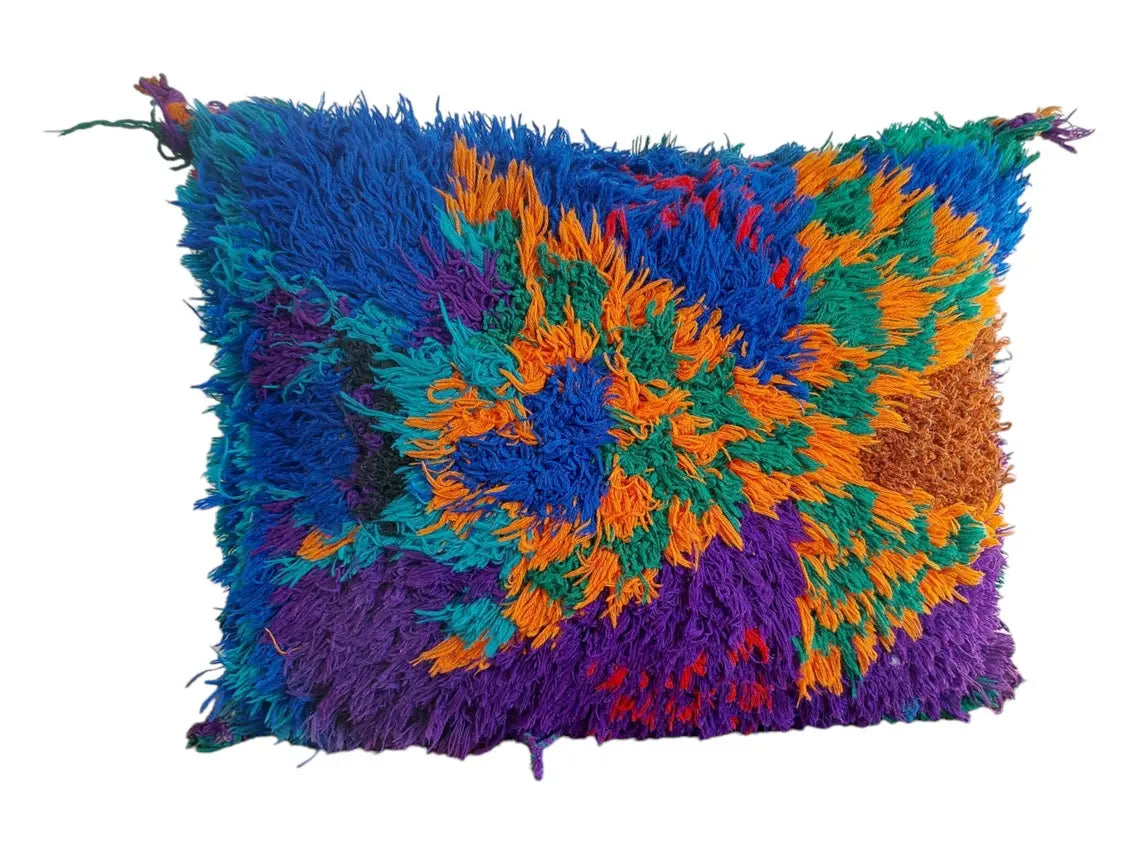 Vintage Ait Bou Ichaouen Cushion - Double Sided Cotton Boho Pillow - Tribal Cushion - Pillow Case - Handmade Boucherouite Pillow MoroccanBazzArts