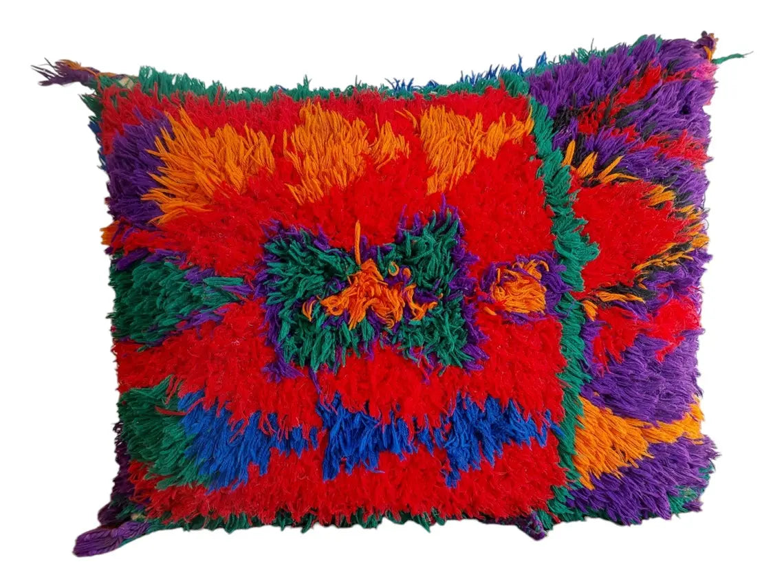 Vintage Ait Bou Ichaouen Cushion - Double Sided Cotton Boho Pillow - Tribal Cushion - Pillow Case - Handmade Boucherouite Pillow MoroccanBazzArts