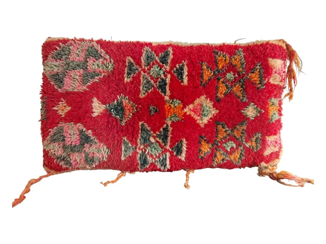 Vintage Ait Bou Ichaouen Cushion: Double-sided Handmade Moroccan Berber Wool Pillow Case In Red And Pink MoroccanBazzArts