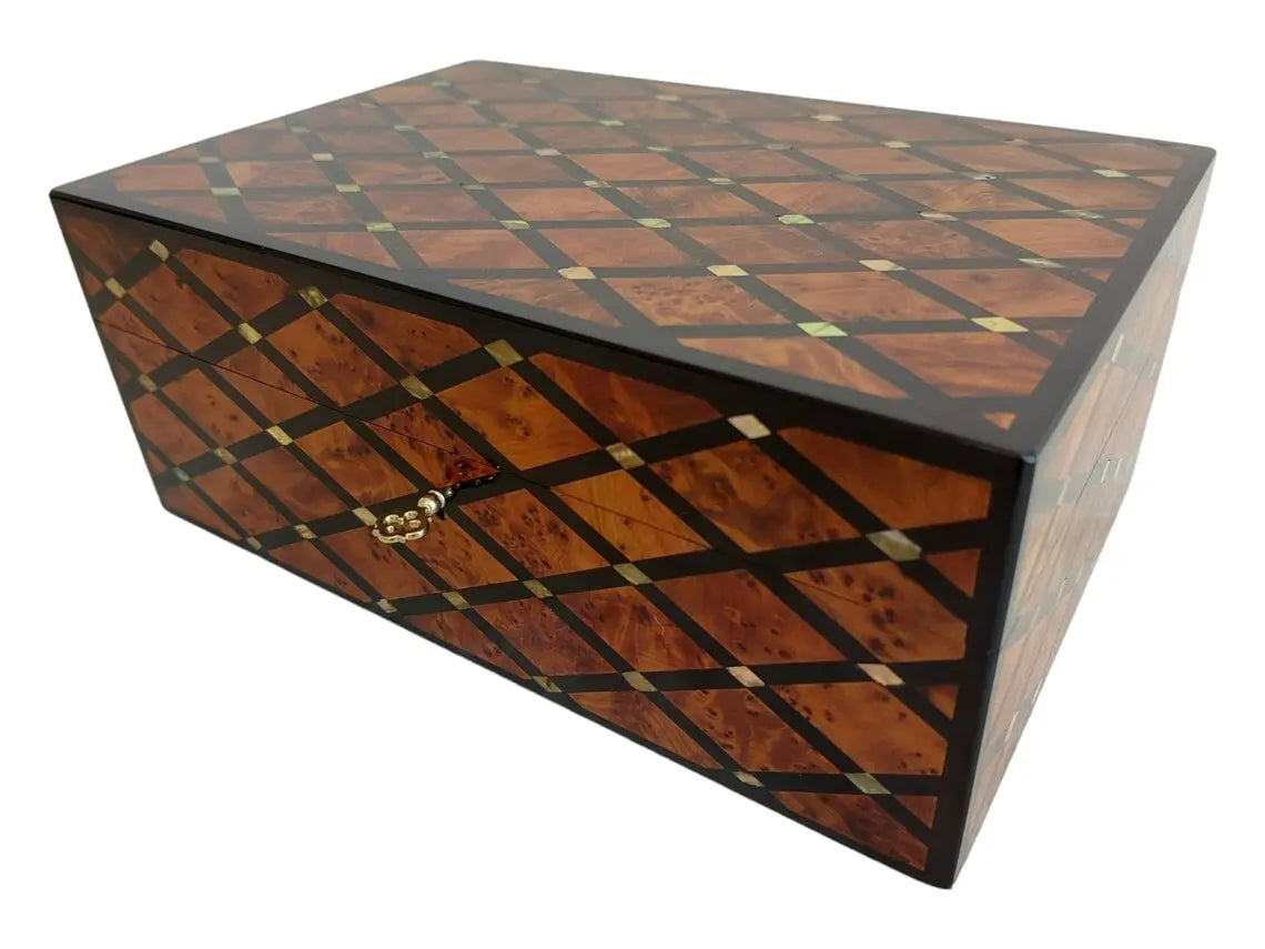 Handcrafted Moroccan Thuya Wood Large Lockable Jewelry Chest - Unique Engraved Treasure Box Gift MoroccanBazzArts