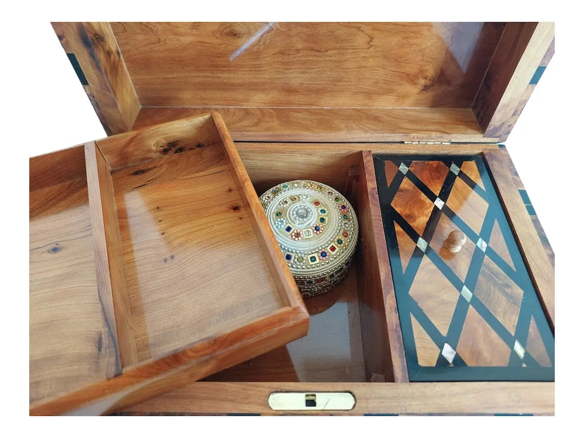 Handcrafted Moroccan Thuya Wood Large Lockable Jewelry Chest - Unique Engraved Treasure Box Gift MoroccanBazzArts