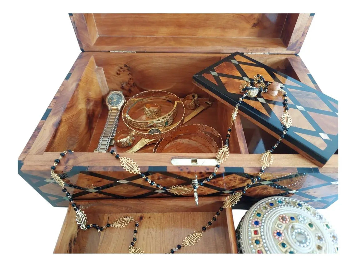 Handcrafted Moroccan Thuya Wood Large Lockable Jewelry Chest - Unique Engraved Treasure Box Gift MoroccanBazzArts
