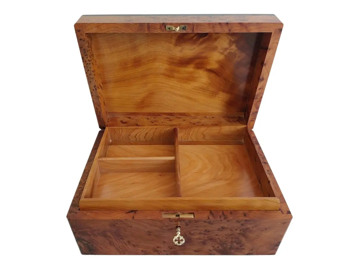 Handcrafted Moroccan Thuya Wood Jewelry Chest - Large Lockable Treasure Box, Unique Engraved Gift MoroccanBazzArts