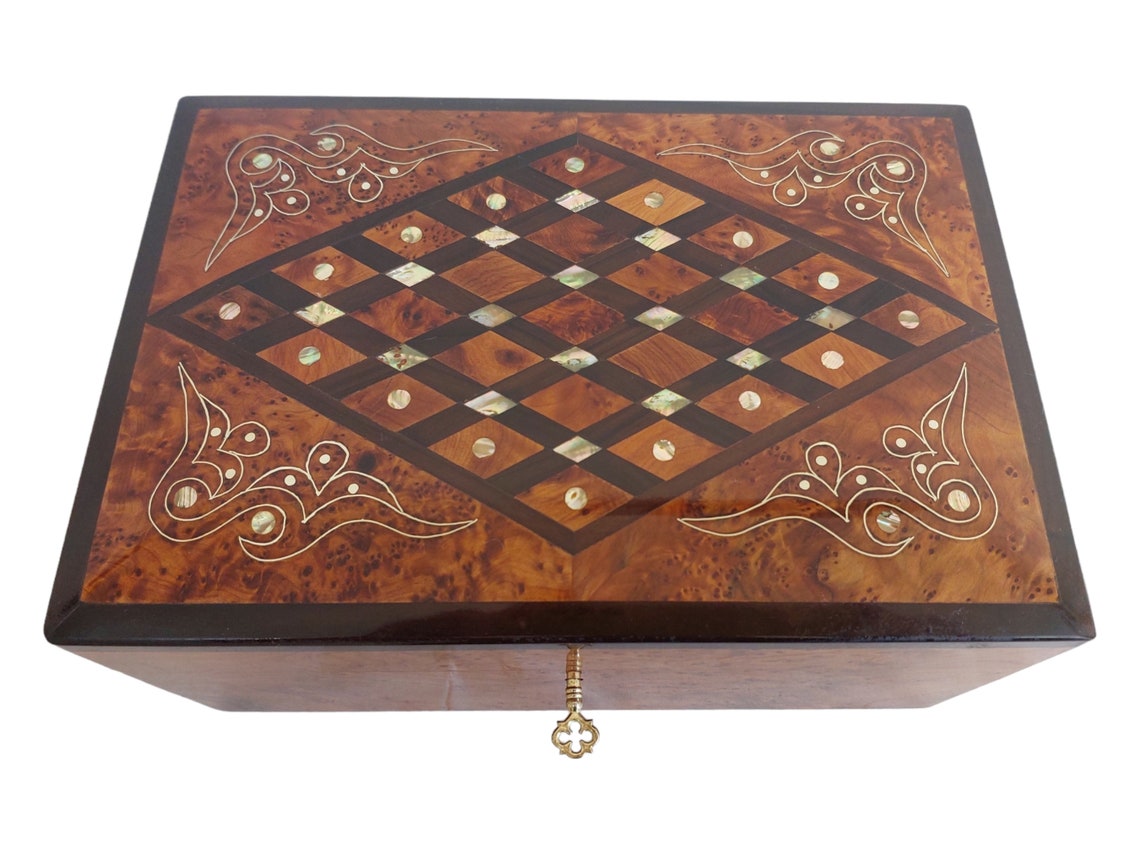 Handcrafted Moroccan Thuya Wood Jewelry Chest - Large Lockable Treasure Box, Unique Engraved Gift MoroccanBazzArts