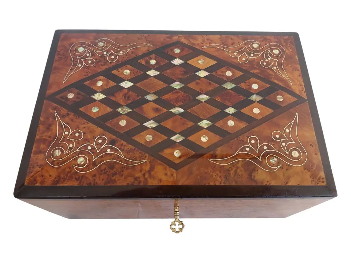 Handcrafted Moroccan Thuya Wood Jewelry Chest - Large Lockable Treasure Box, Unique Engraved Gift MoroccanBazzArts
