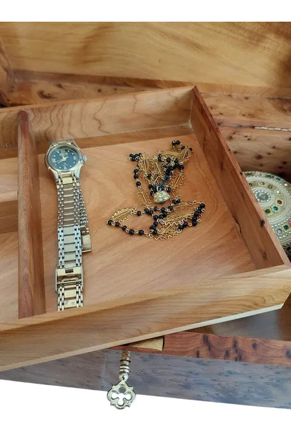 Handcrafted Moroccan Thuya Wood Jewelry Chest - Large Lockable Treasure Box, Unique Engraved Gift MoroccanBazzArts