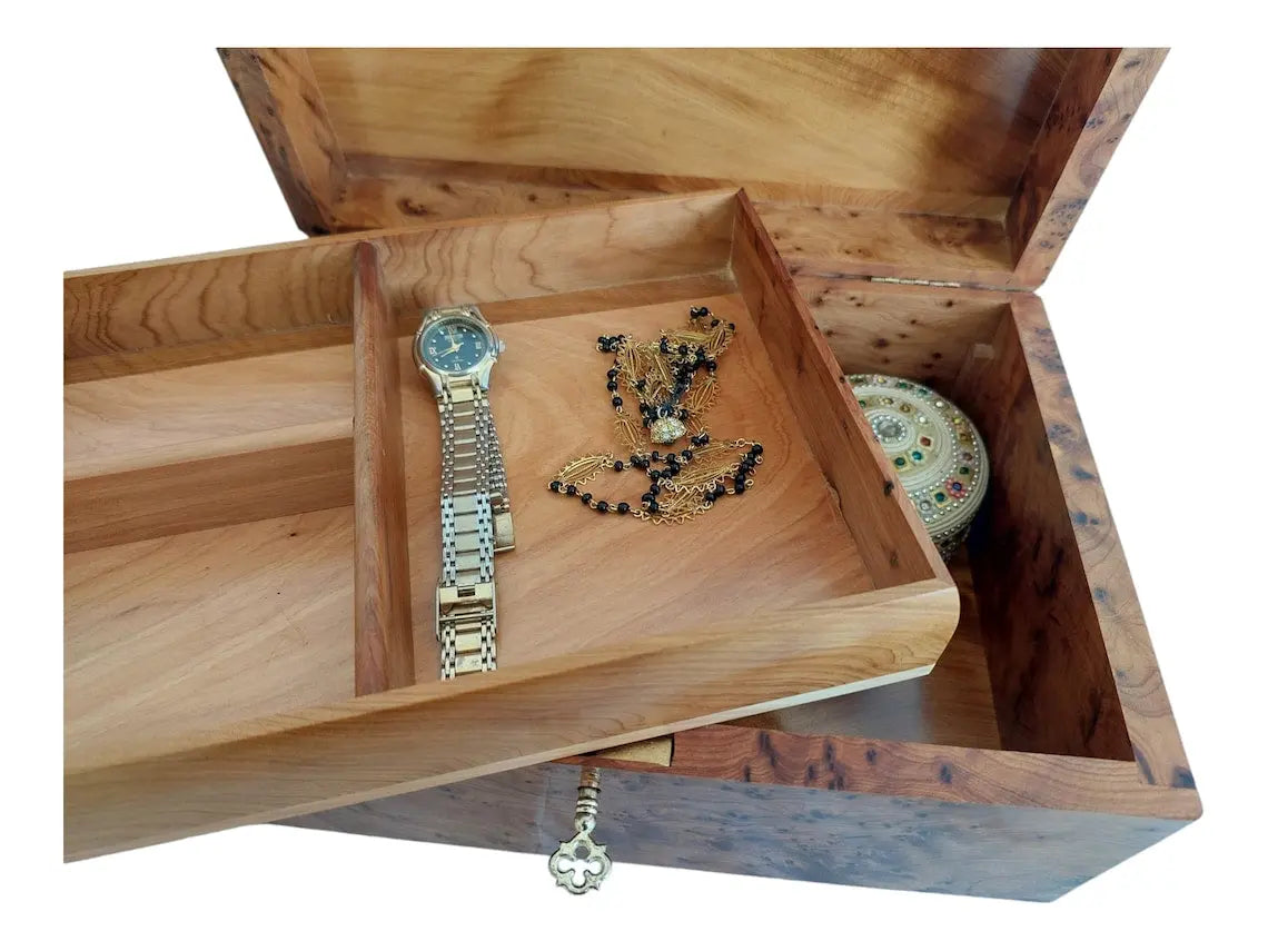 Handcrafted Moroccan Thuya Wood Jewelry Chest - Large Lockable Treasure Box, Unique Engraved Gift MoroccanBazzArts